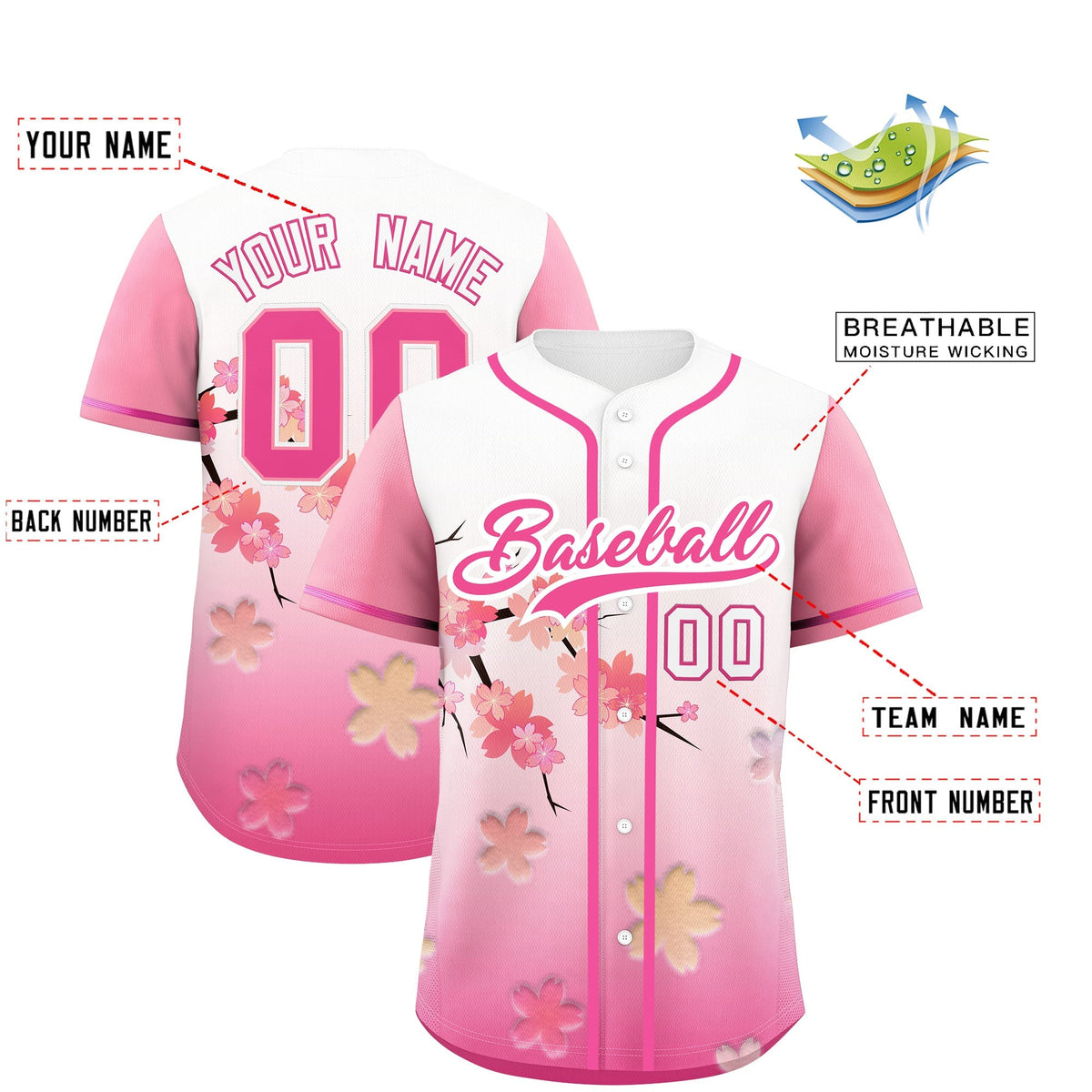 Custom White Pink Gradient Fashion Elastic Baseball Jersey| KXKSHOP
