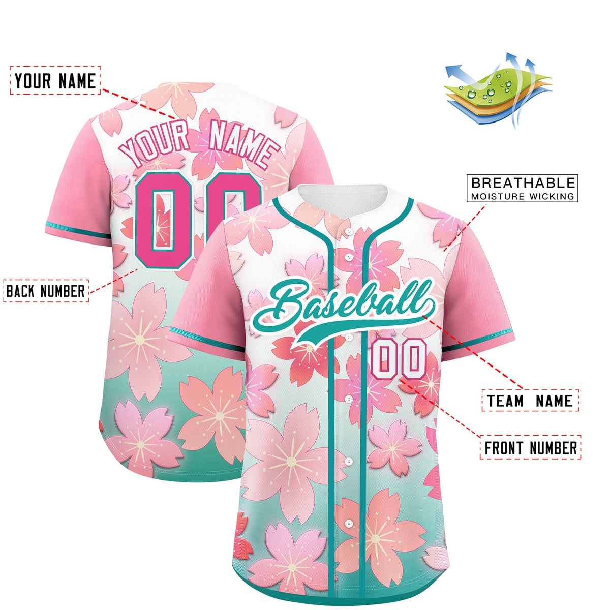 Custom Aqua Pink Gradient Fashion Elastic Baseball Jersey| KXKSHOP
