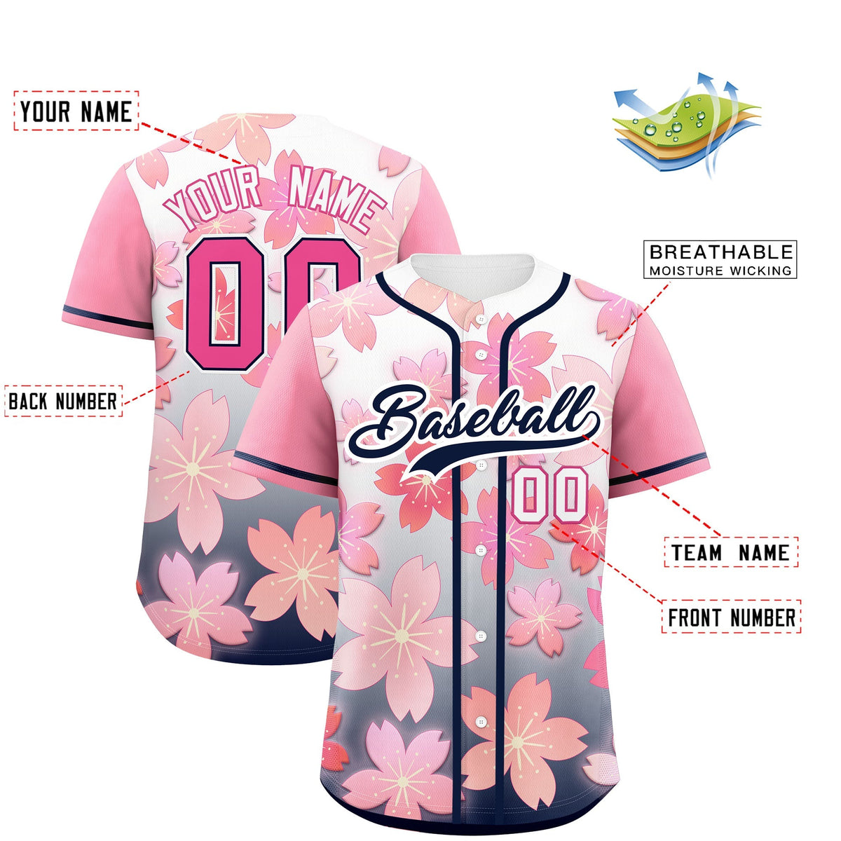 Custom Navy Pink Gradient Fashion Elastic Baseball Jersey| KXKSHOP