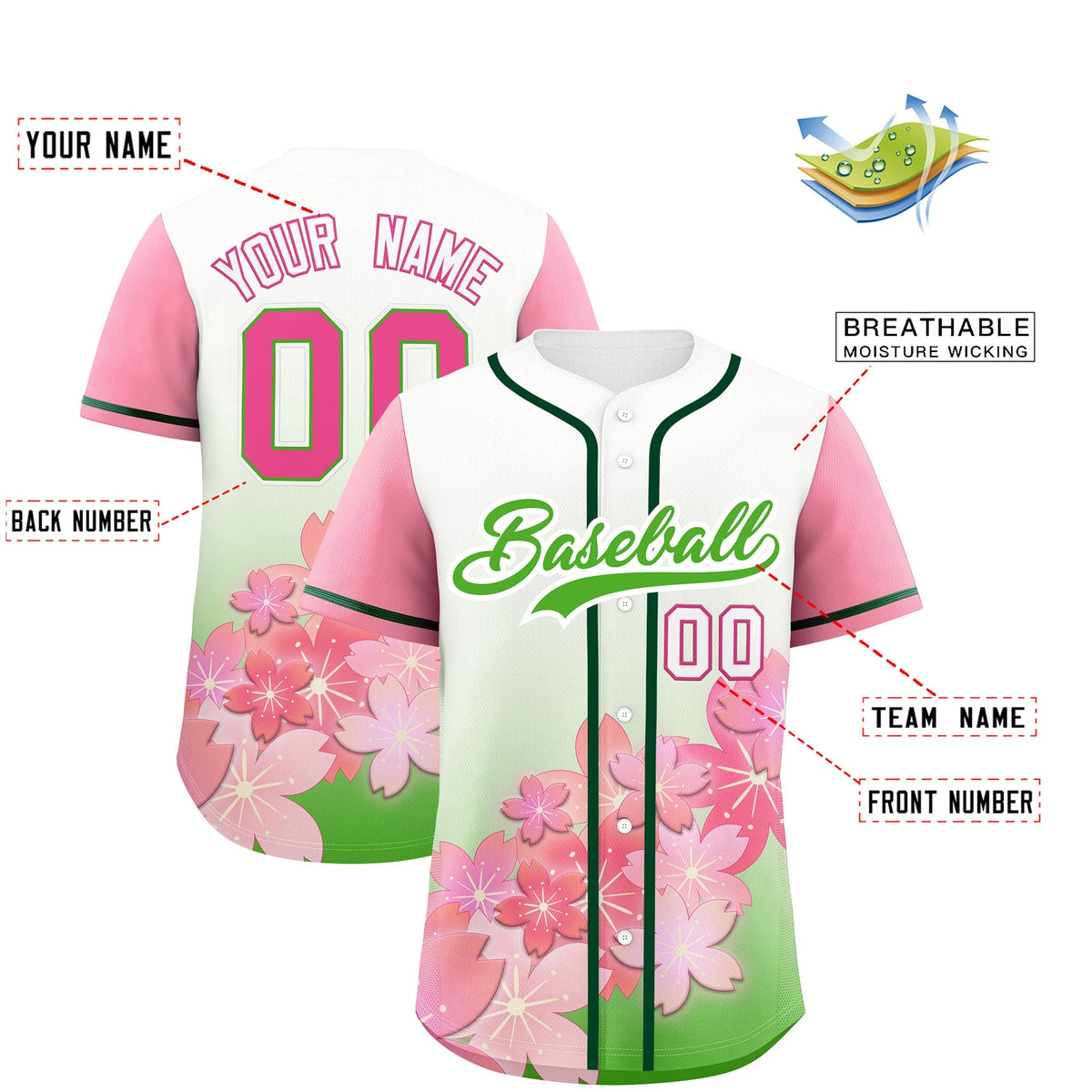 Custom Light Green Pink Gradient Fashion Elastic Baseball Jersey| KXKSHOP