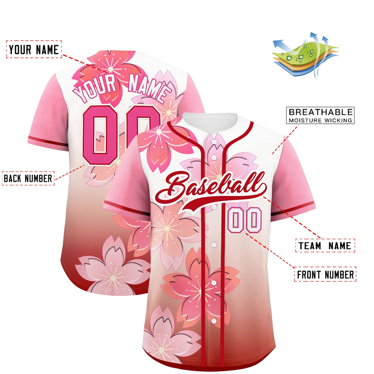 Custom Red Pink Gradient Fashion Elastic Baseball Jersey| KXKSHOP