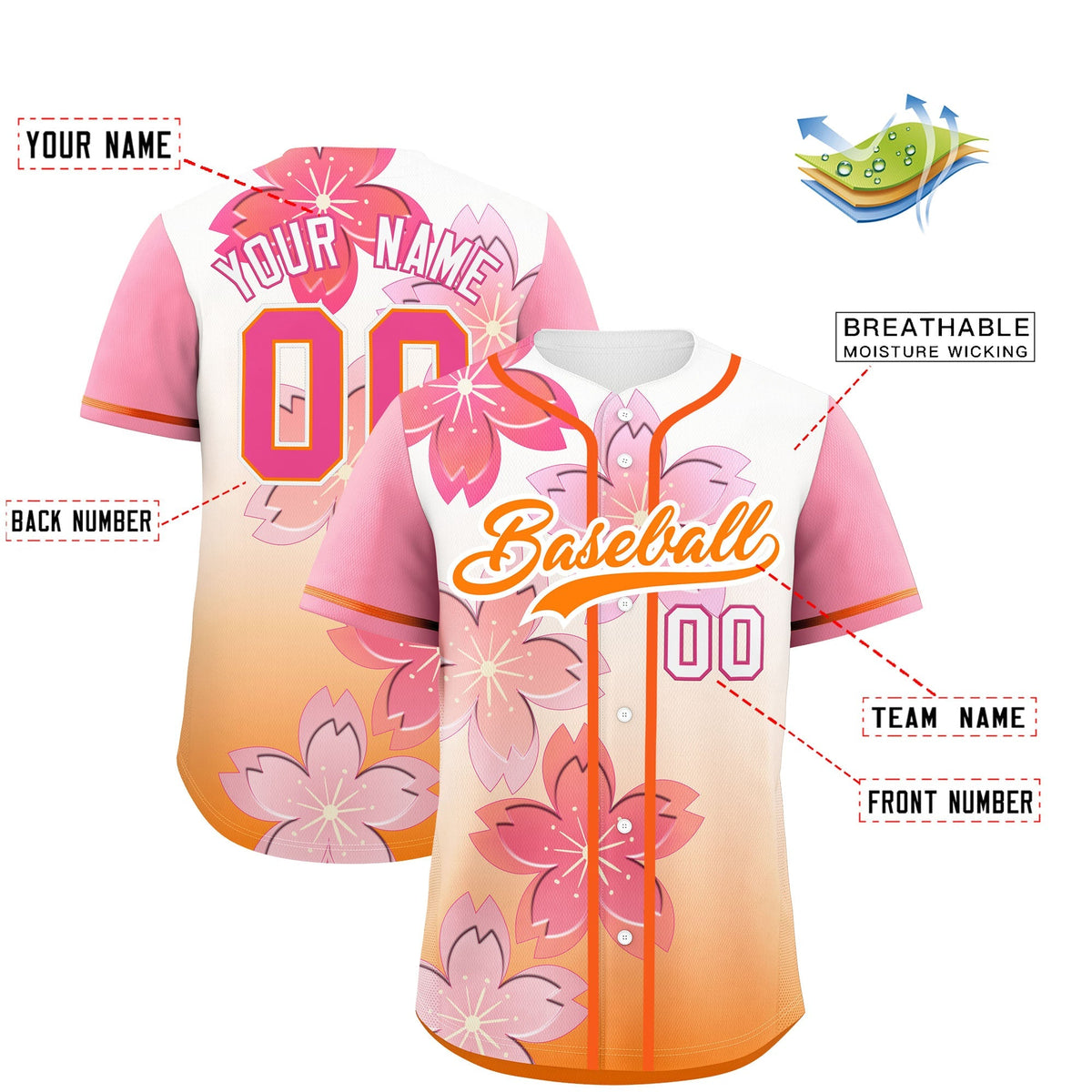 Custom Gold Orange Pink Gradient Fashion Elastic Baseball Jersey| KXKSHOP