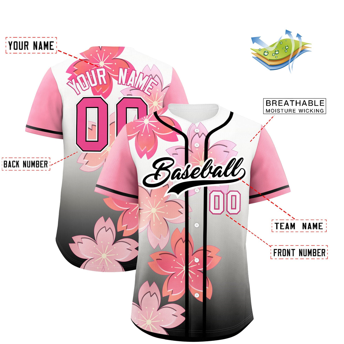 Custom Black Pink Gradient Fashion Elastic Baseball Jersey| KXKSHOP