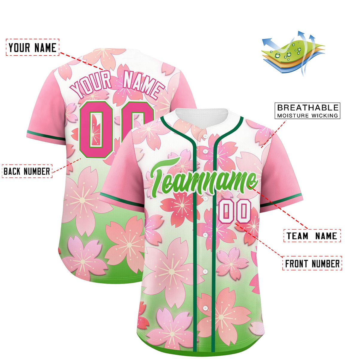 Custom Light Green Pink Gradient Fashion Elastic Baseball Jersey| KXKSHOP
