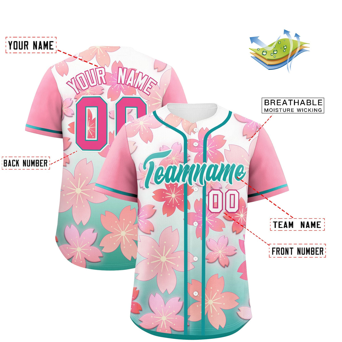 Custom Aqua Pink Gradient Fashion Elastic Baseball Jersey| KXKSHOP