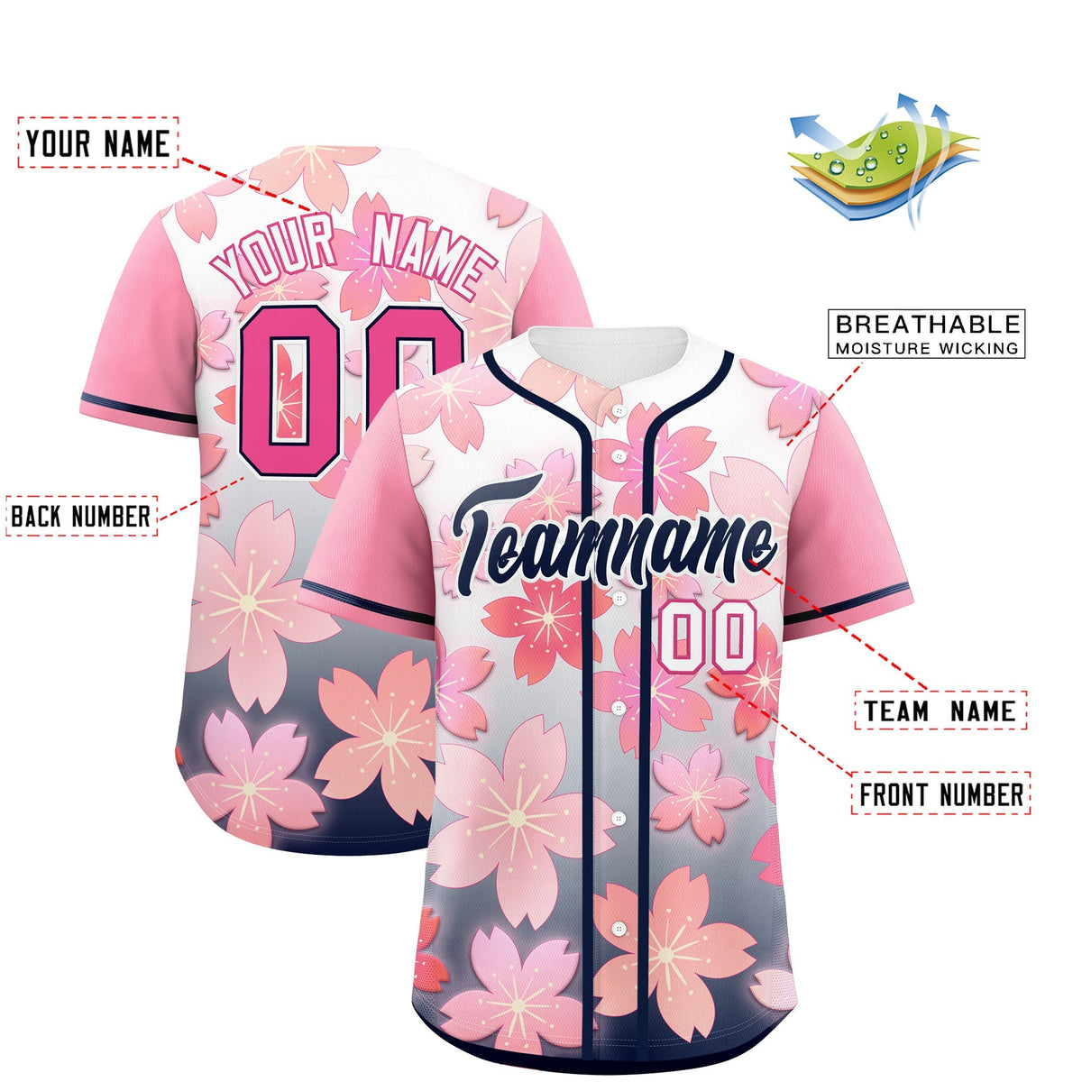Custom Navy Pink Gradient Fashion Elastic Baseball Jersey| KXKSHOP
