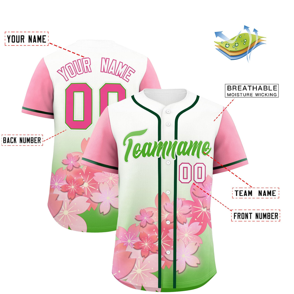 Custom Light Green Pink Gradient Fashion Elastic Baseball Jersey| KXKSHOP