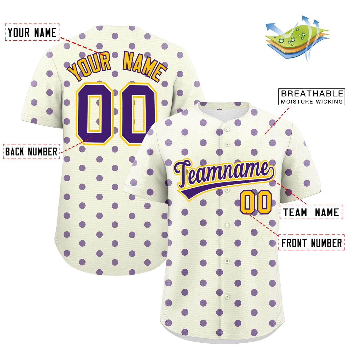 Custom Cream Purple Personalized Polka Dot Graffiti Pattern Authentic Baseball Jersey