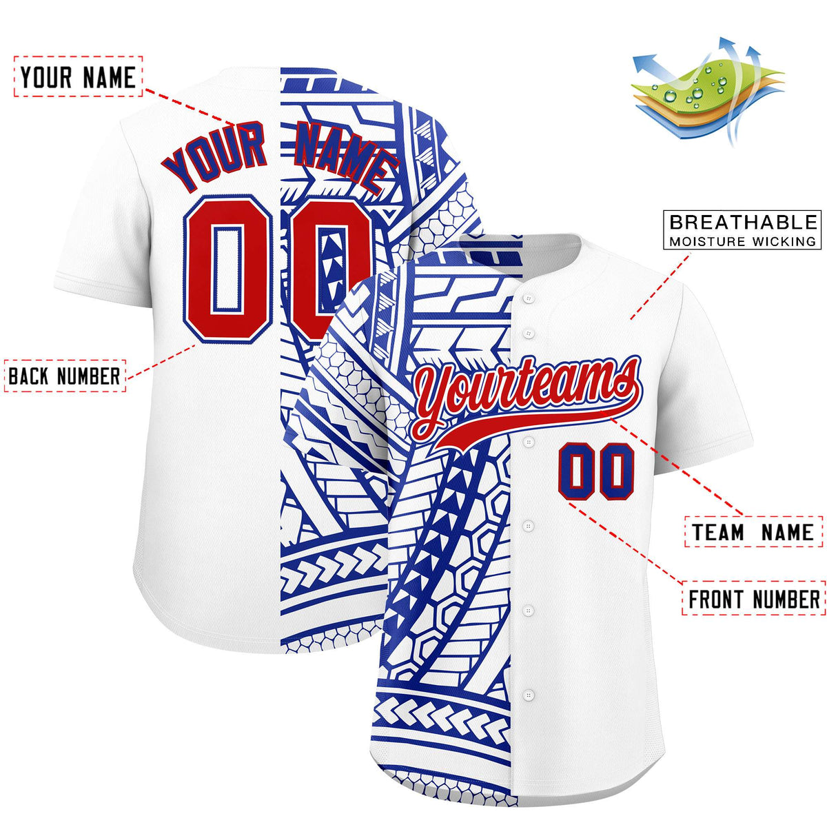 Custom White Royal Split Fashion Tribal Pattern Authentic Baseball Jersey