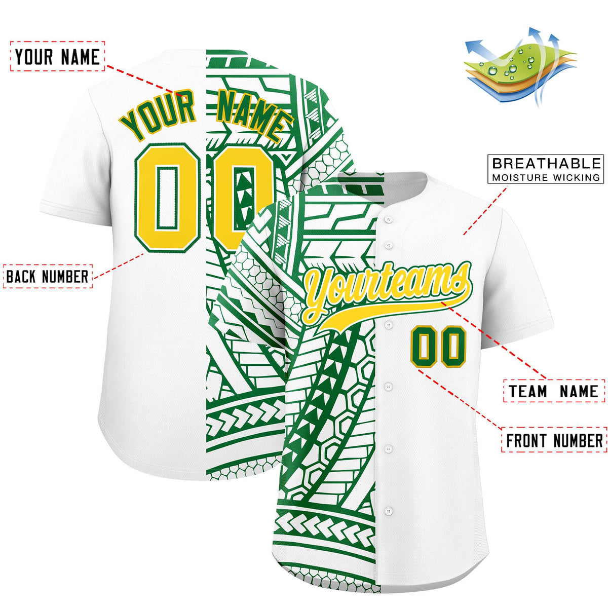 Custom White Kelly Green Split Fashion Tribal Pattern Authentic Baseball Jersey