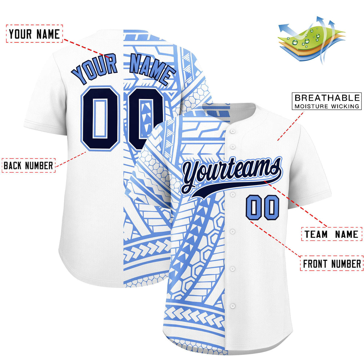 Custom Light Blue Navy Split Fashion Tribal Pattern Authentic Baseball Jersey