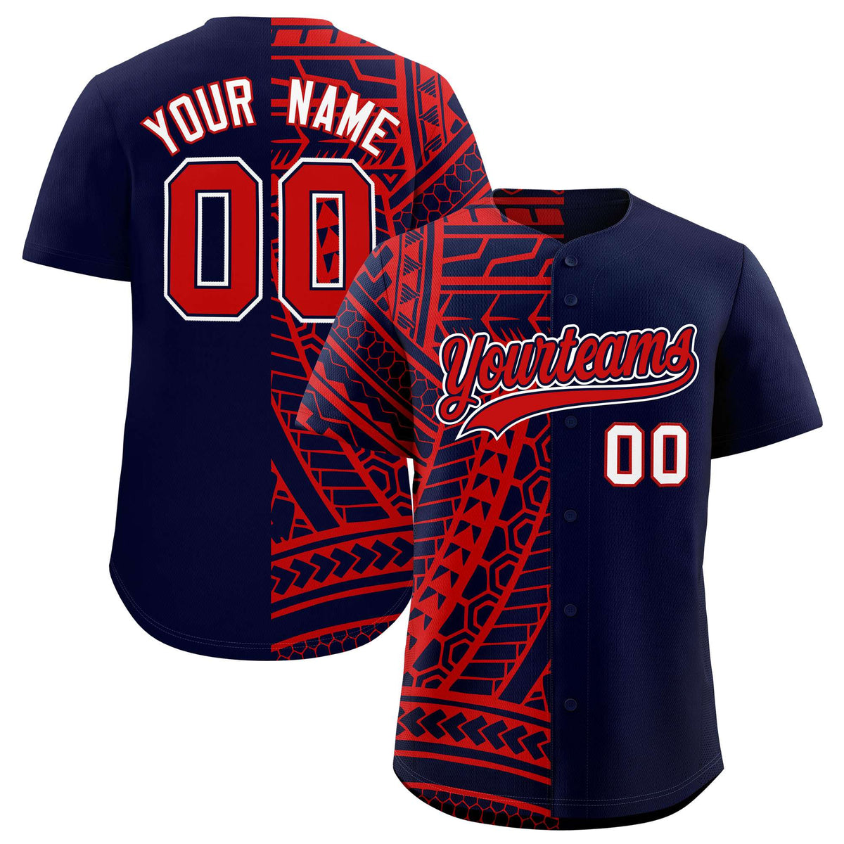 Custom Red Navy Split Fashion Tribal Pattern Authentic Baseball Jersey