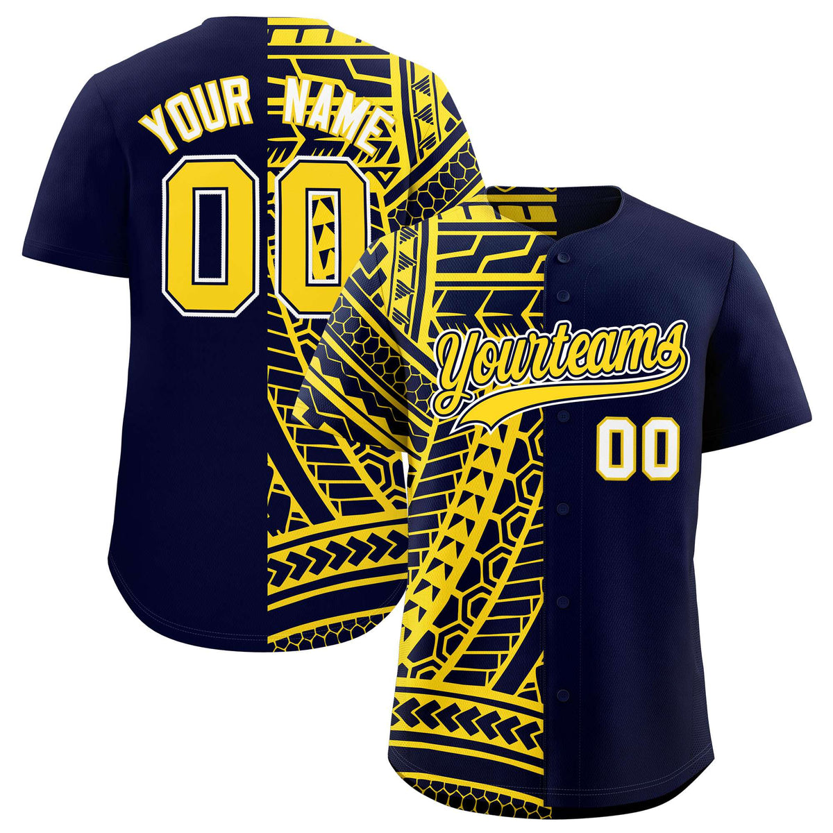 Custom Navy Gold Split Fashion Tribal Pattern Authentic Baseball Jersey