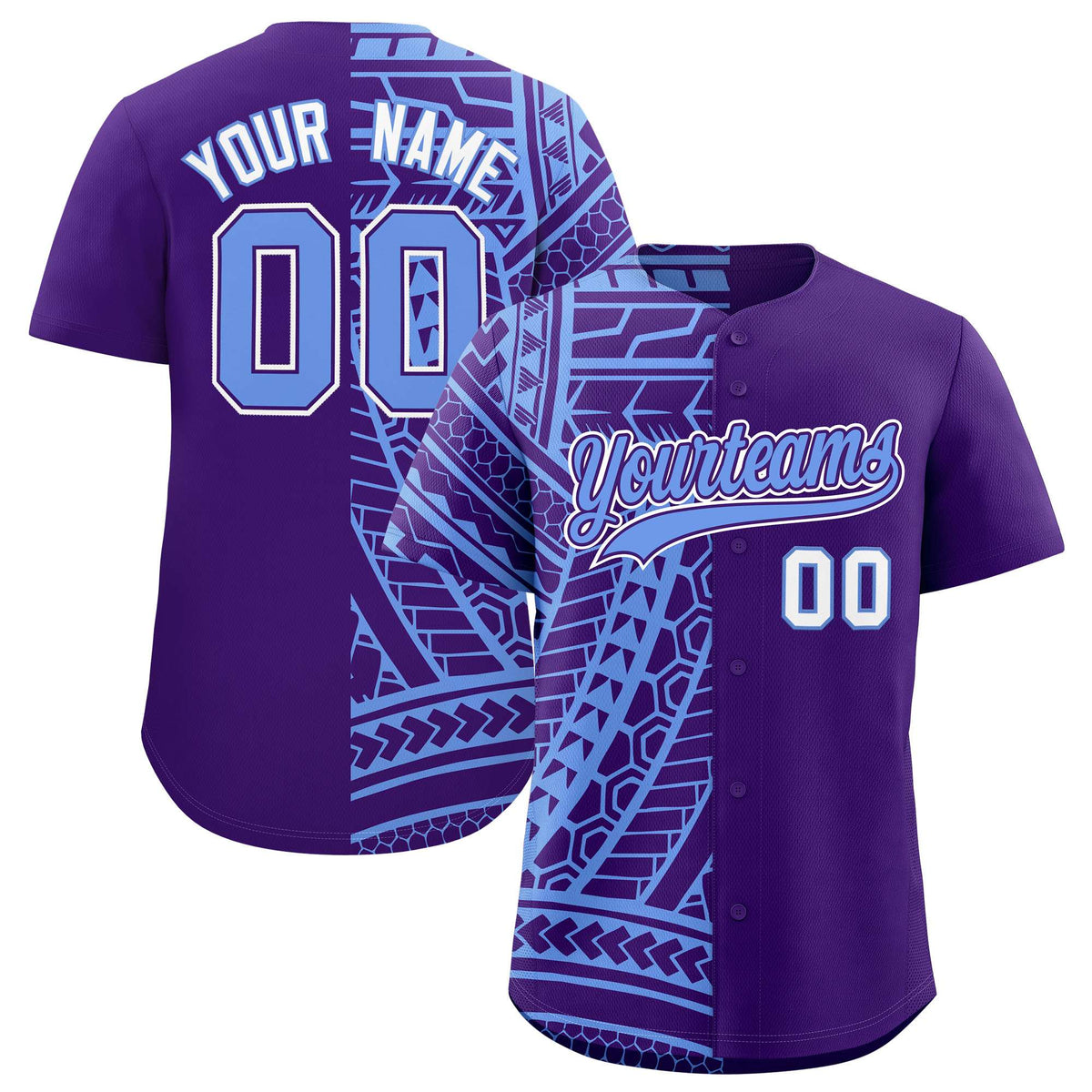 Custom Light Blue Purple Split Fashion Tribal Pattern Authentic Baseball Jersey