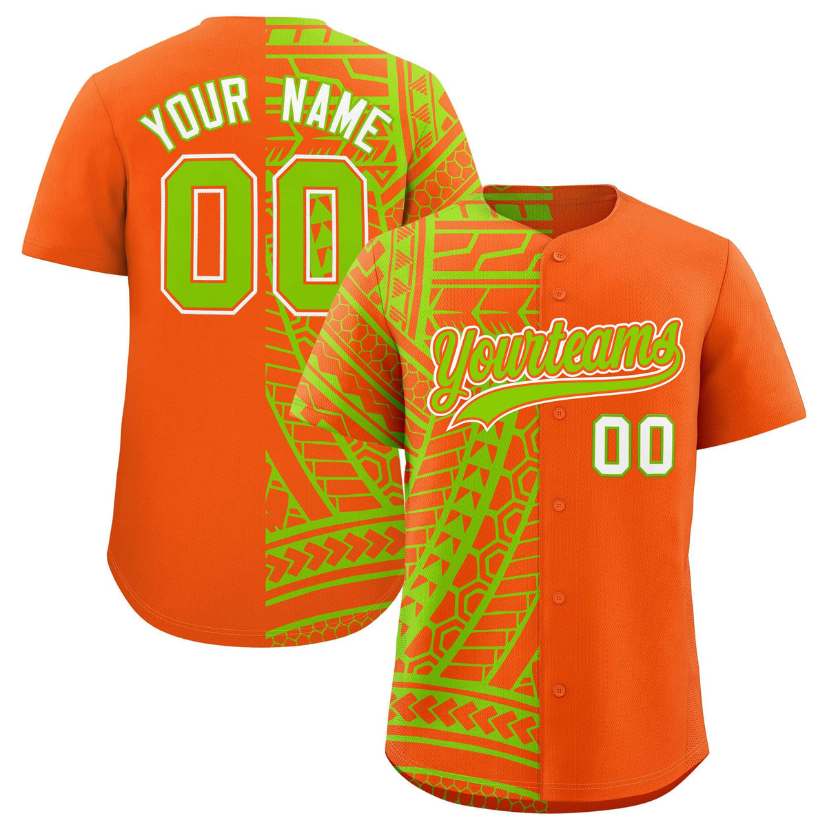 Custom Orange Neon Green Split Fashion Tribal Pattern Authentic Baseball Jersey