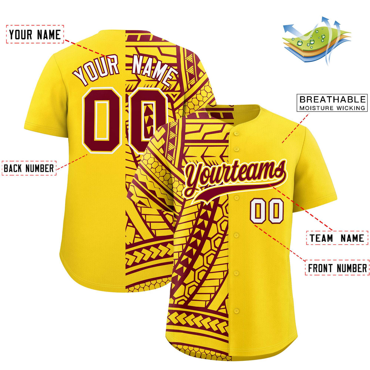 Custom Gold Crimson Split Fashion Tribal Pattern Authentic Baseball Jersey