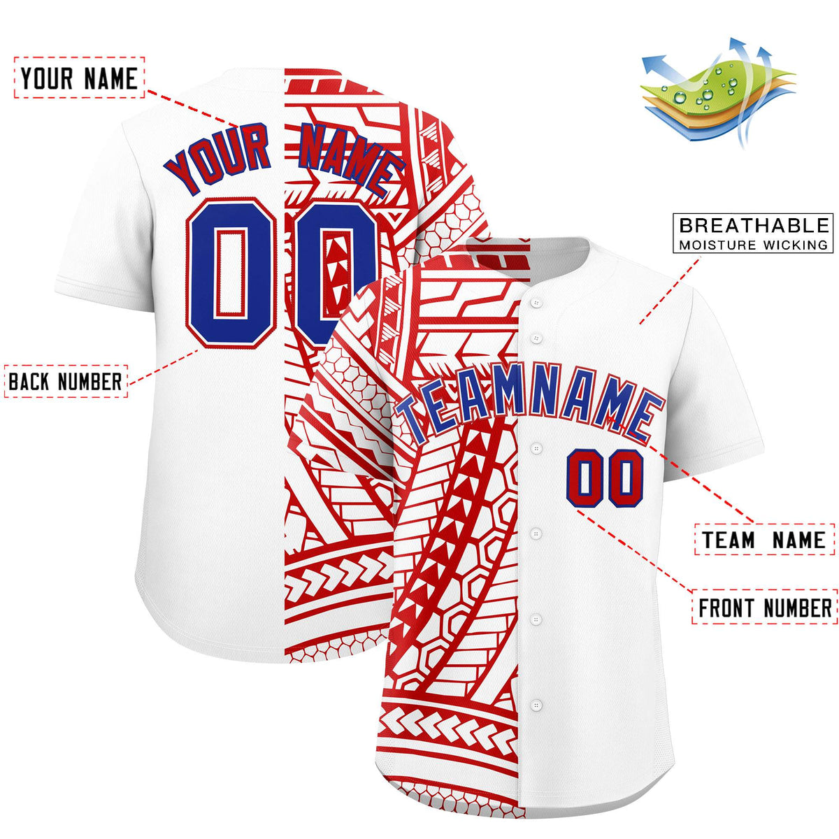 Custom White Red Split Fashion Tribal Pattern Authentic Baseball Jersey