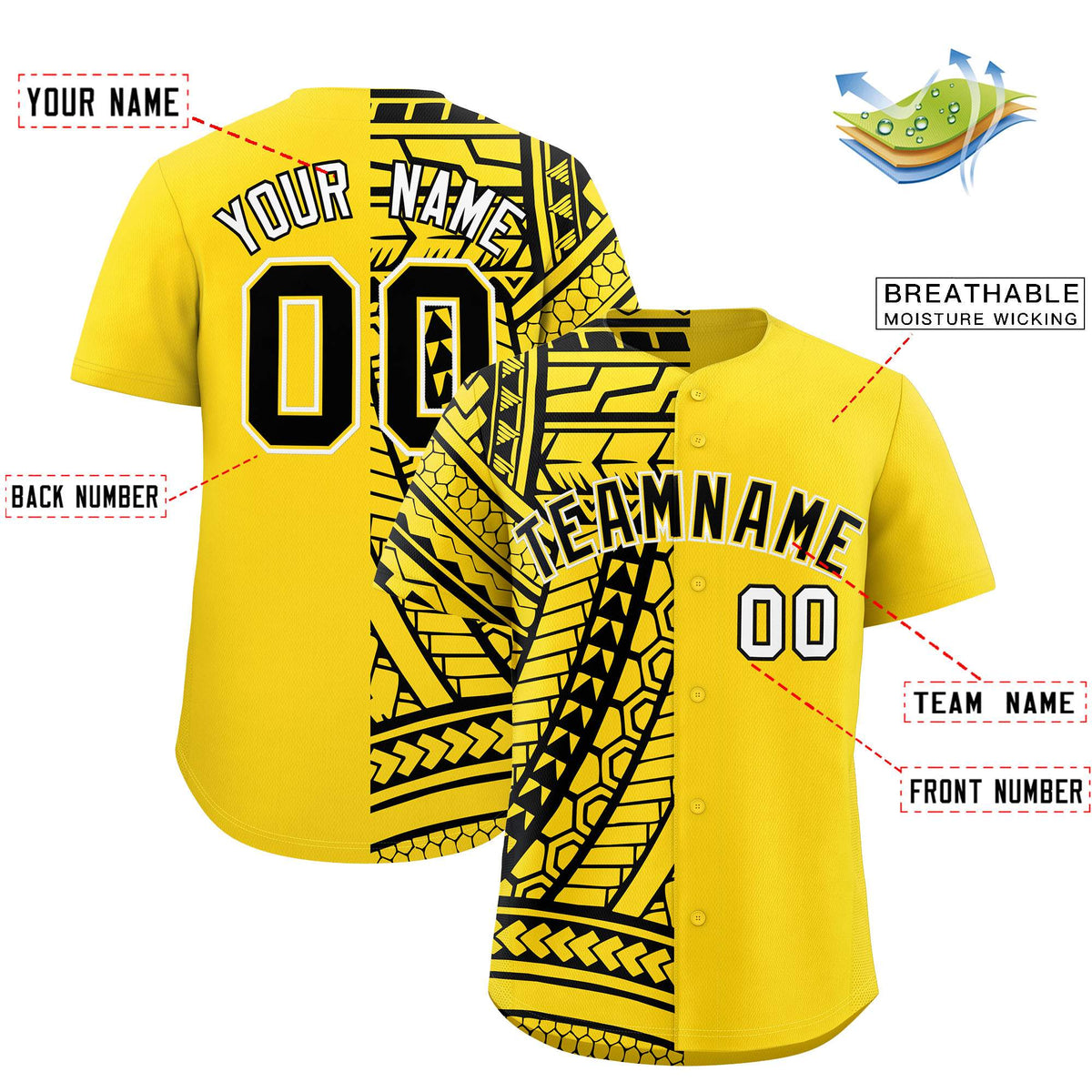 Custom Gold Black Split Fashion Tribal Pattern Authentic Baseball Jersey
