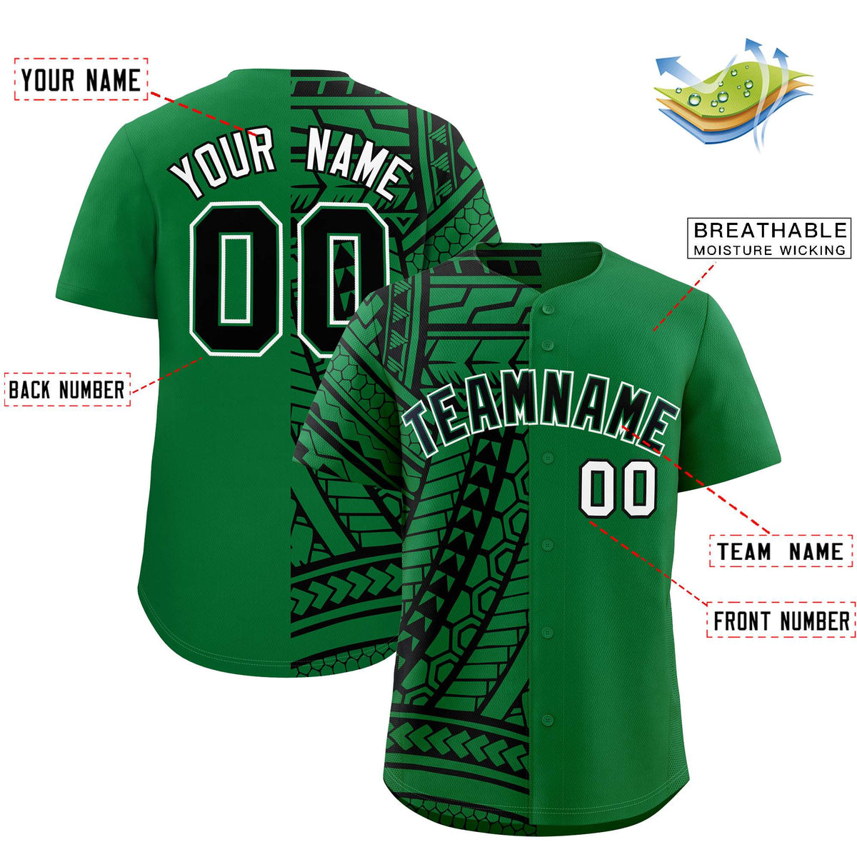 Custom Kelly Green Black Split Fashion Tribal Pattern Authentic Baseball Jersey