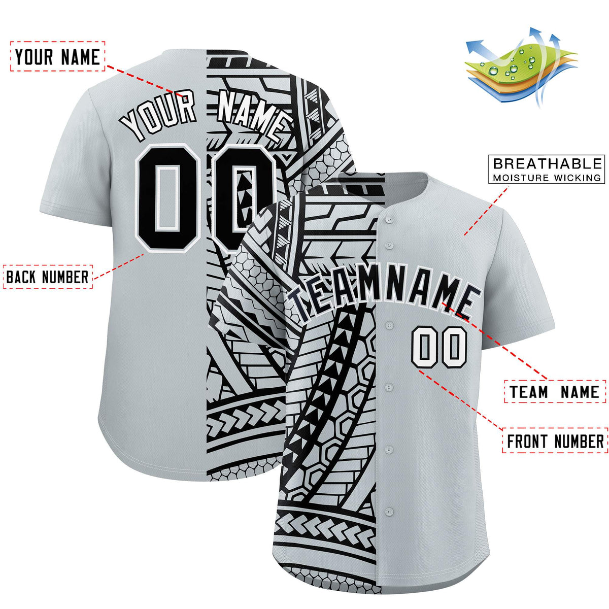Custom Silver Black Split Fashion Tribal Pattern Authentic Baseball Jersey