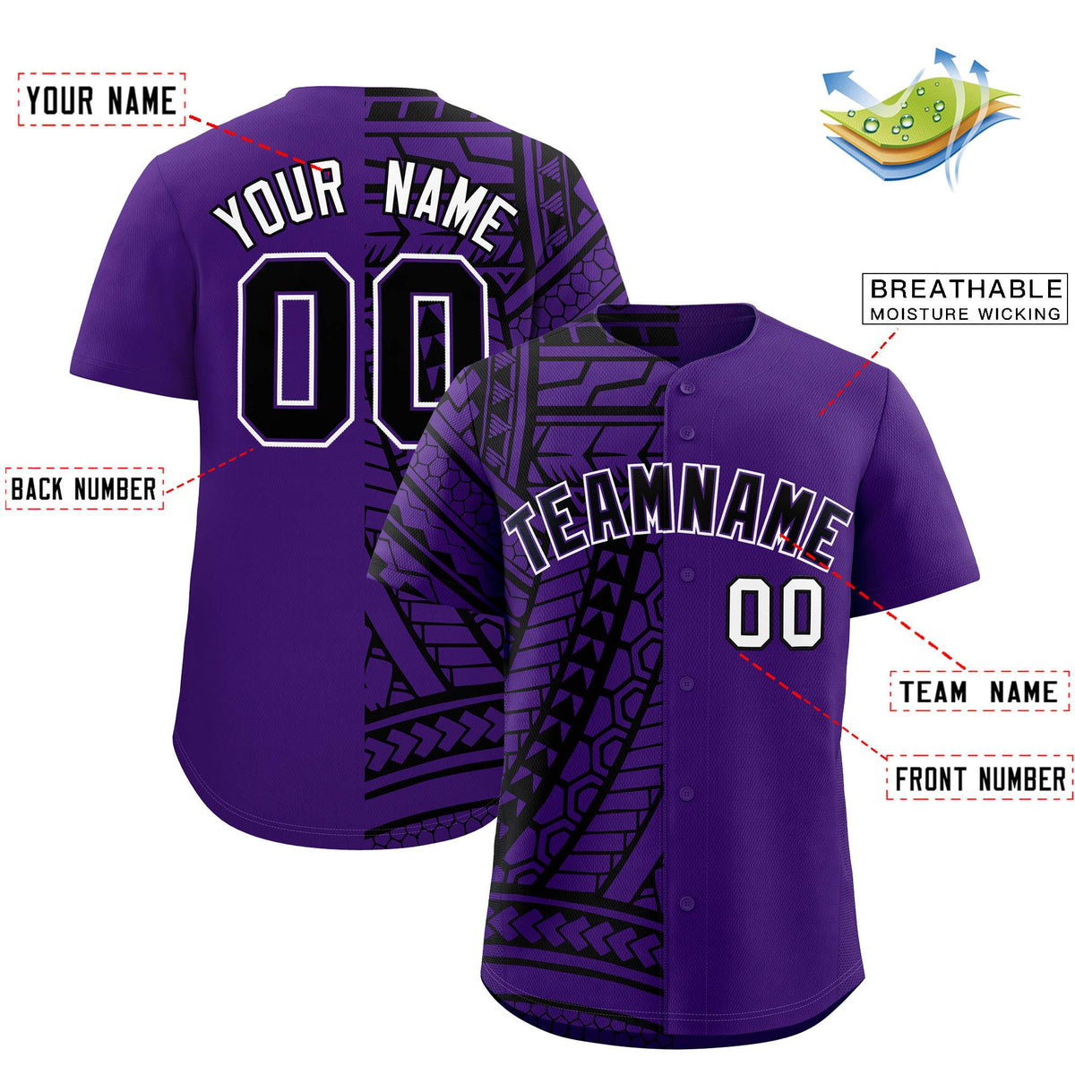 Custom Black Purple Split Fashion Tribal Pattern Authentic Baseball Jersey