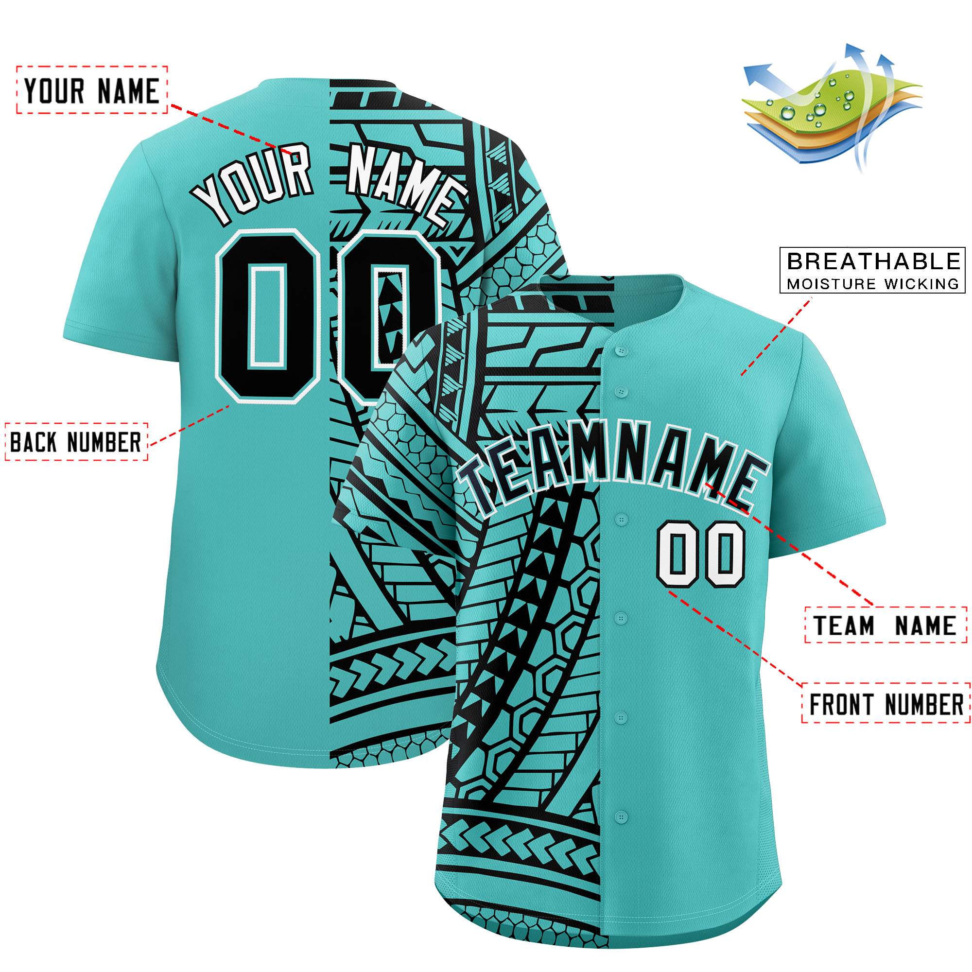 Custom Aqua Black Split Fashion Tribal Pattern Authentic Baseball Jersey