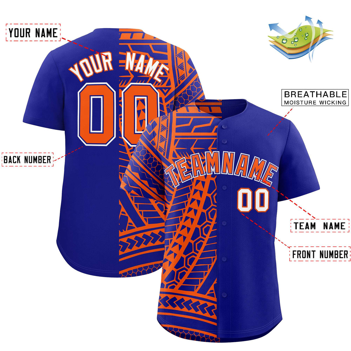 Custom Royal Orange Split Fashion Tribal Pattern Authentic Baseball Jersey