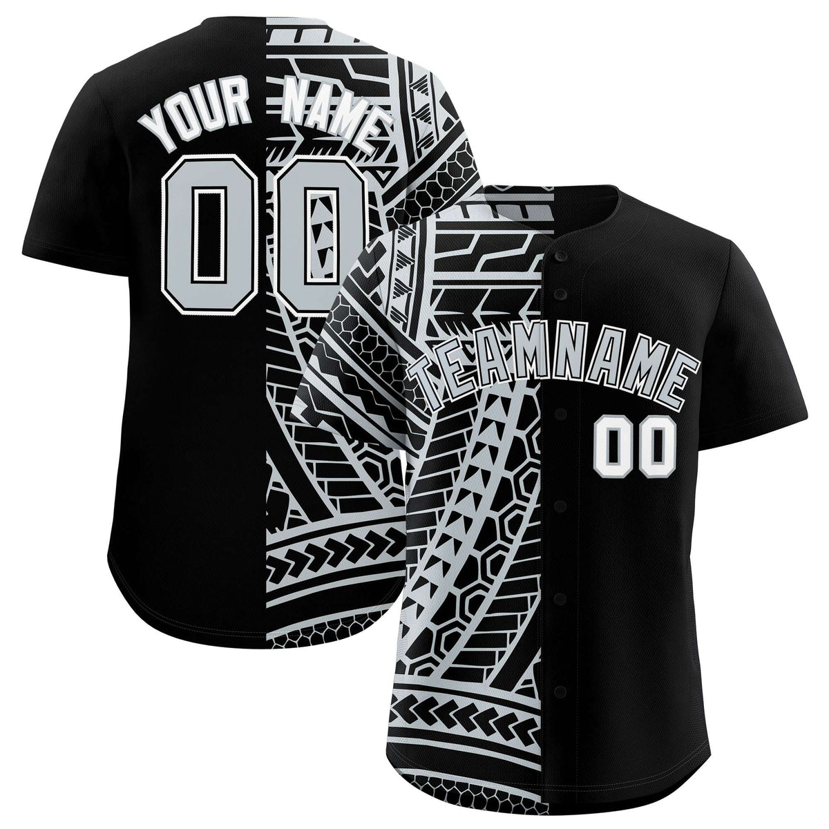 Custom Black Silver Split Fashion Tribal Pattern Authentic Baseball Jersey