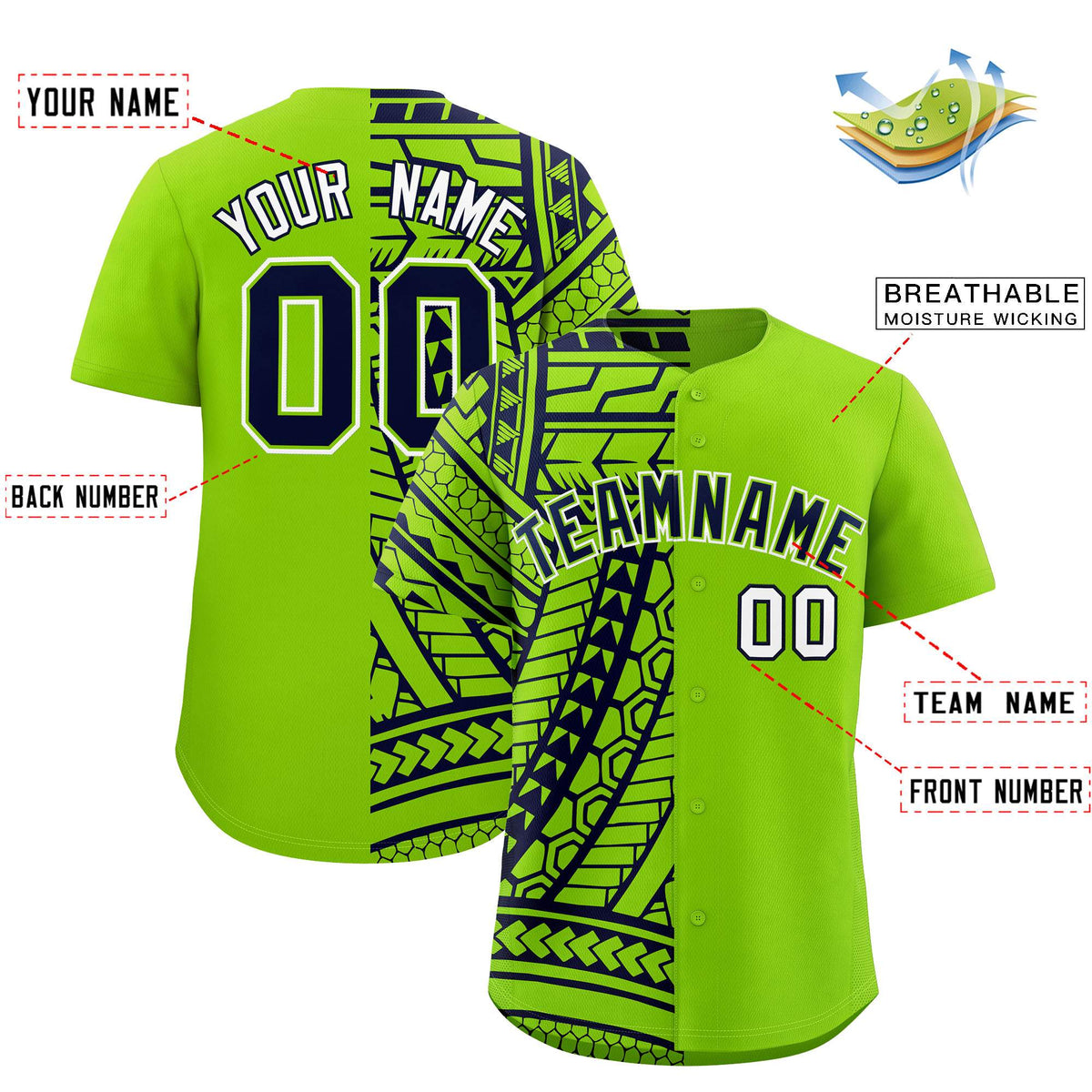 Custom Neon Green Navy Split Fashion Tribal Pattern Authentic Baseball Jersey