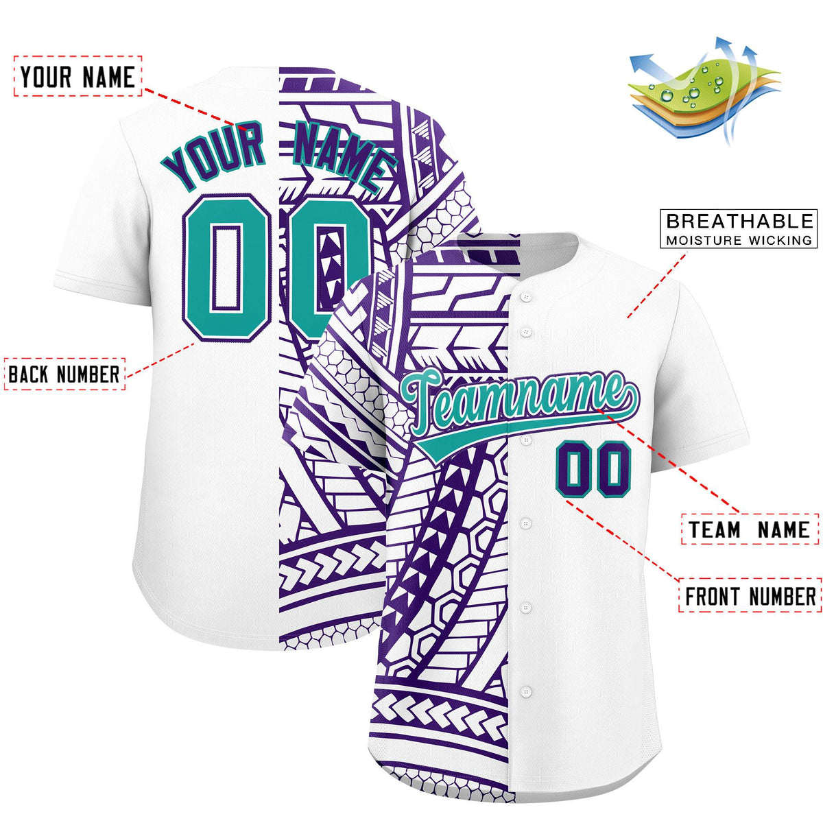 Custom White Purple Split Fashion Tribal Pattern Authentic Baseball Jersey