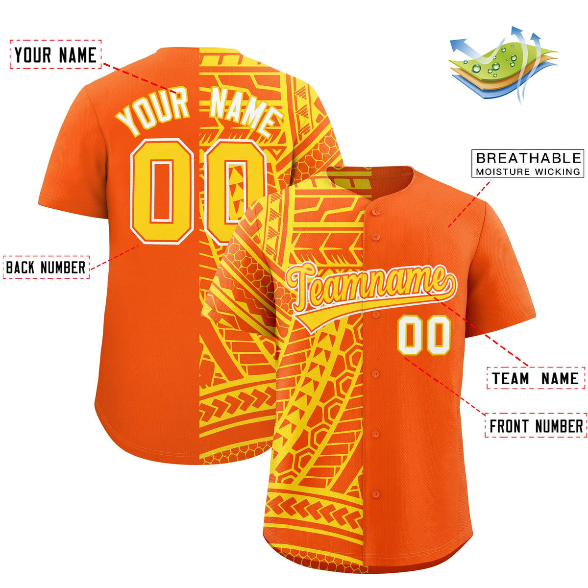 Custom Orange Gold Split Fashion Tribal Pattern Authentic Baseball Jersey