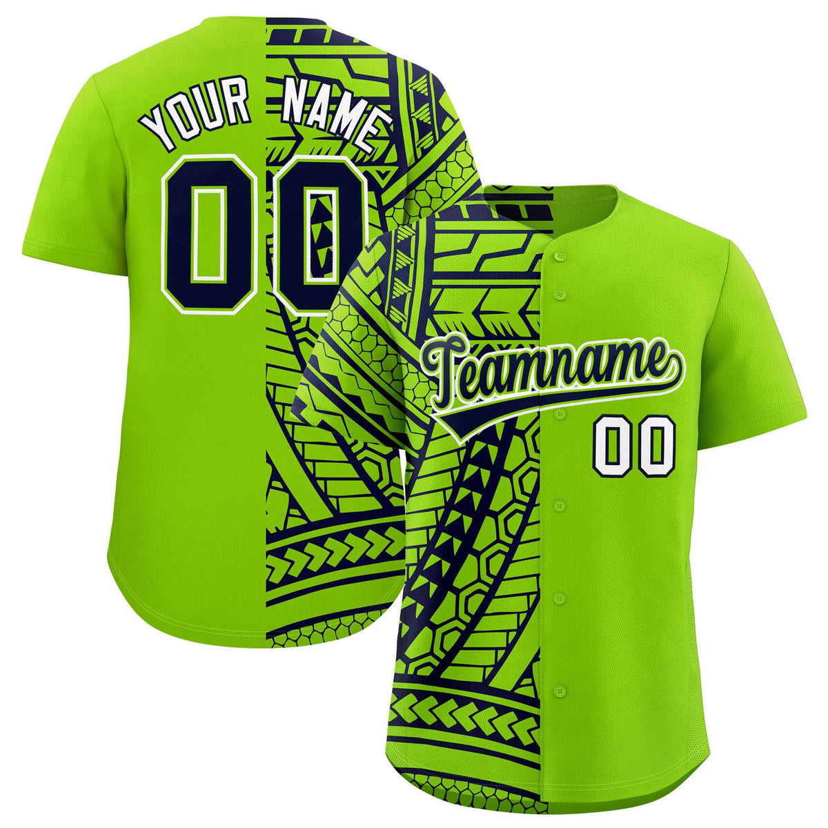 Custom Neon Green Navy Split Fashion Tribal Pattern Authentic Baseball Jersey