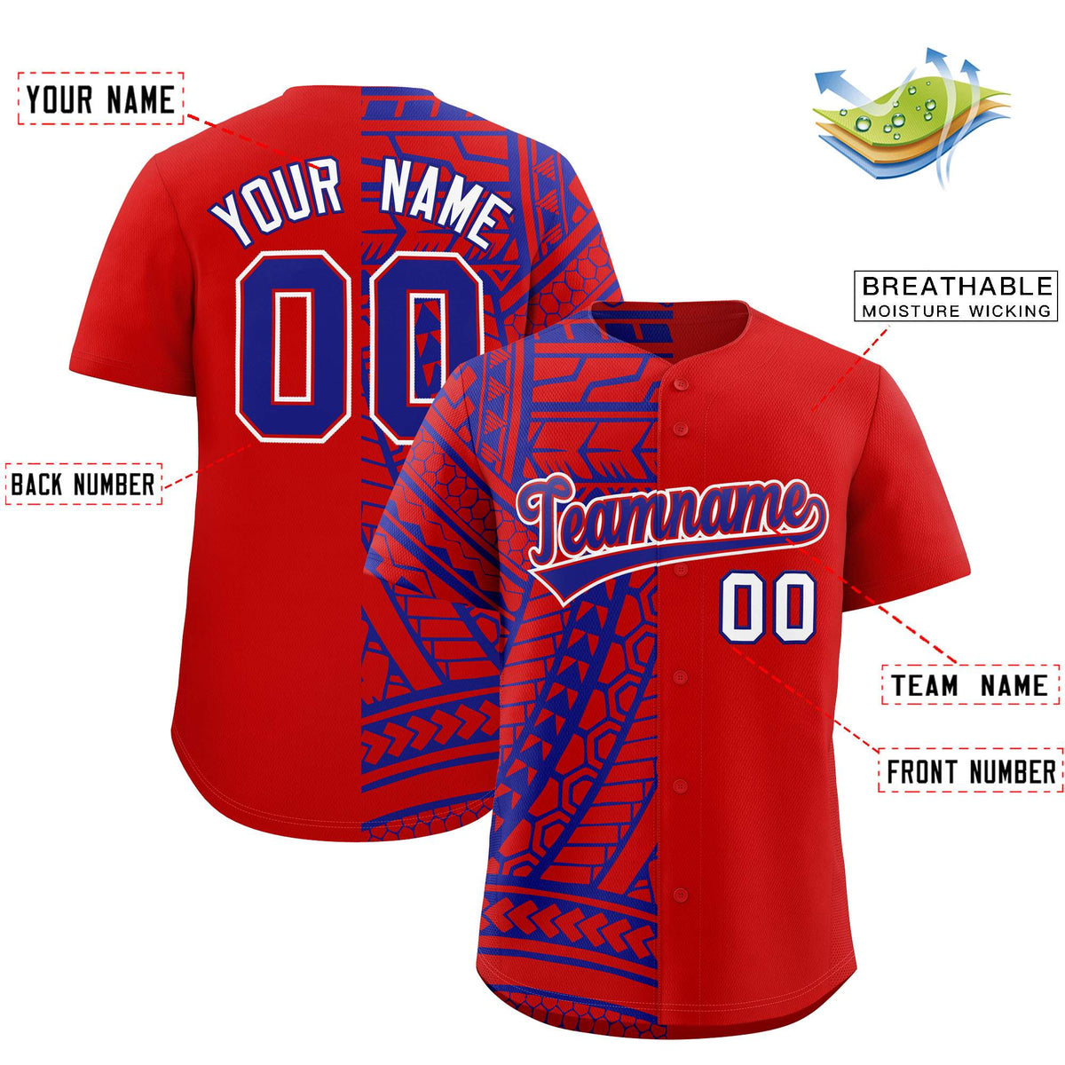 Custom Red Royal Split Fashion Tribal Pattern Authentic Baseball Jersey