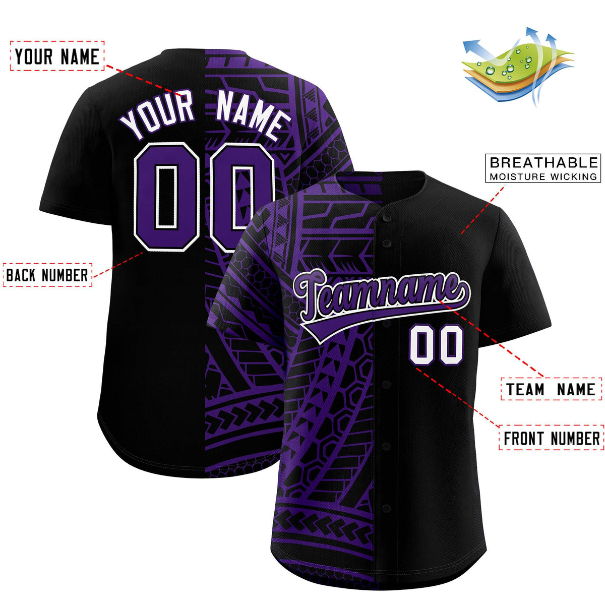 Custom Black Purple Split Fashion Tribal Pattern Authentic Baseball Jersey