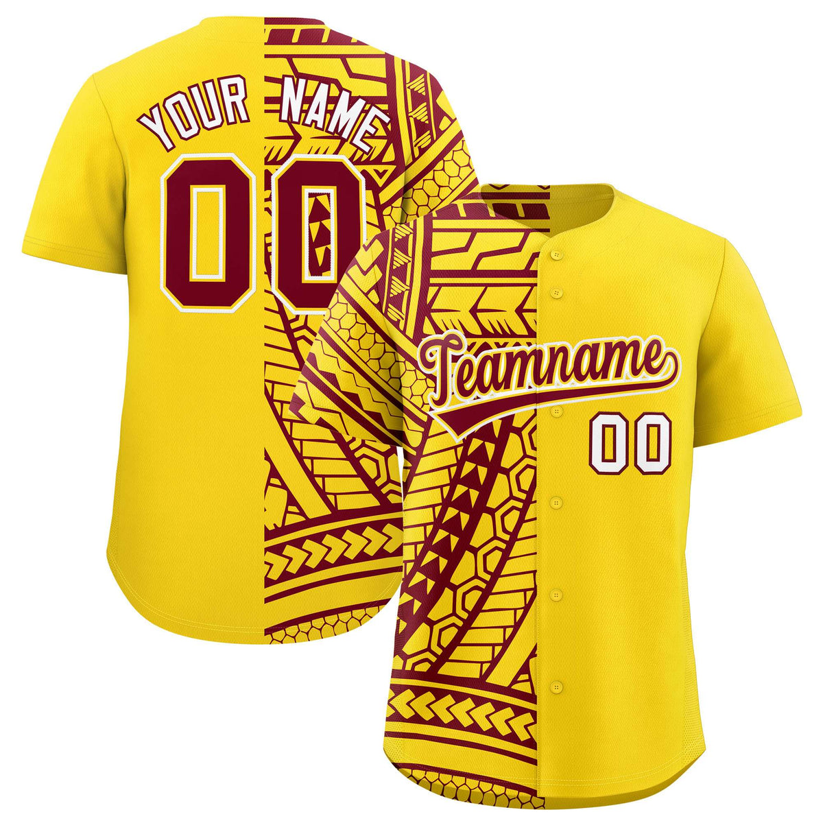 Custom Gold Crimson Split Fashion Tribal Pattern Authentic Baseball Jersey