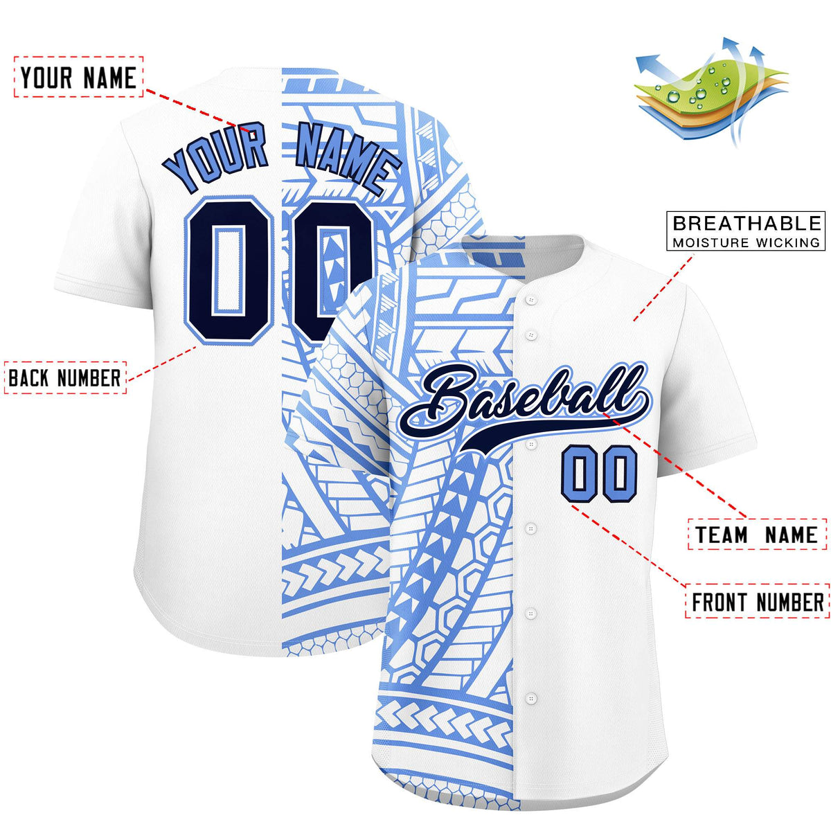 Custom Light Blue Navy Split Fashion Tribal Pattern Authentic Baseball Jersey