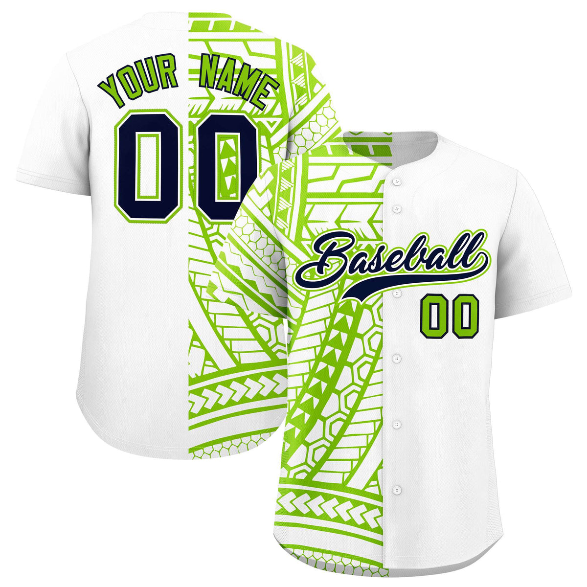 Custom White Neon Green Split Fashion Tribal Pattern Authentic Baseball Jersey