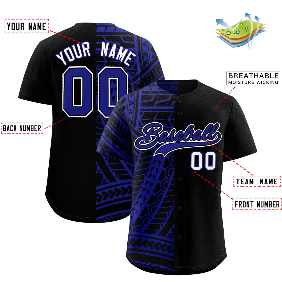 Custom Black Royal Split Fashion Tribal Pattern Authentic Baseball Jersey