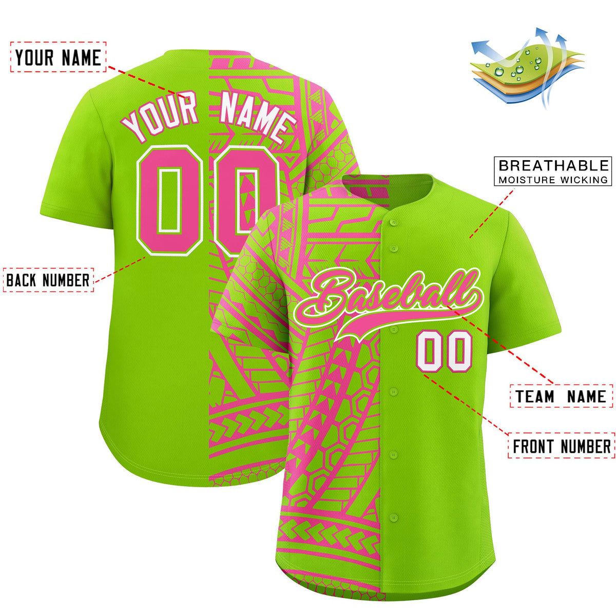 Custom Neon Green Pink Split Fashion Tribal Pattern Authentic Baseball Jersey