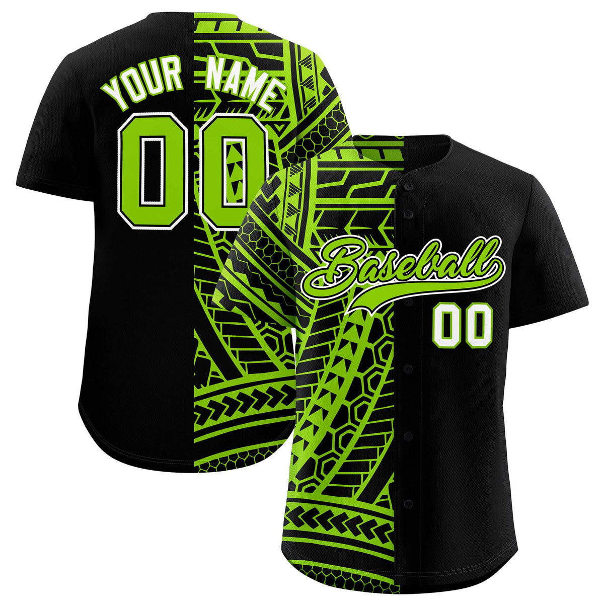 Custom Black Neon Green Split Fashion Tribal Pattern Authentic Baseball Jersey