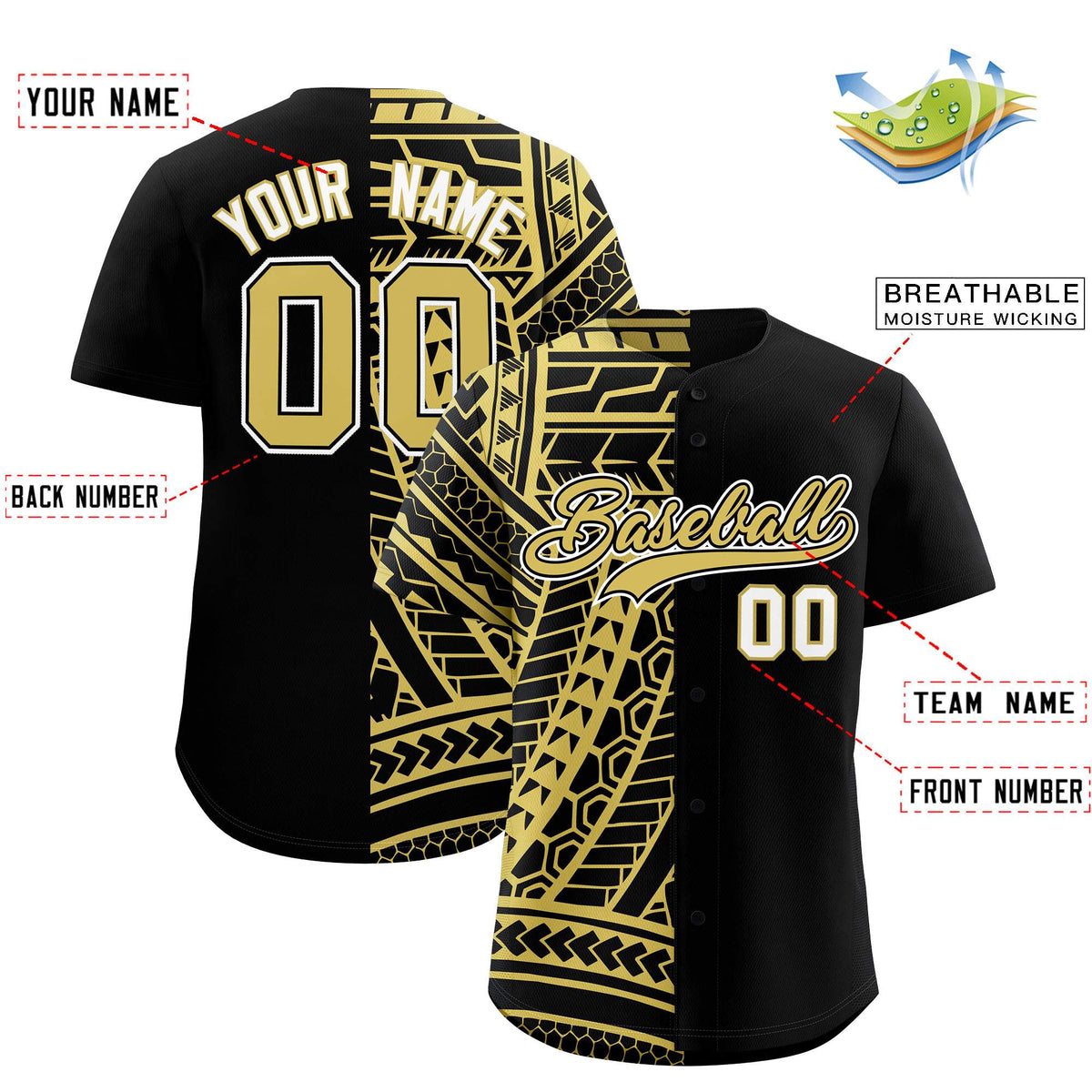 Custom Black Old Gold Split Fashion Tribal Pattern Authentic Baseball Jersey