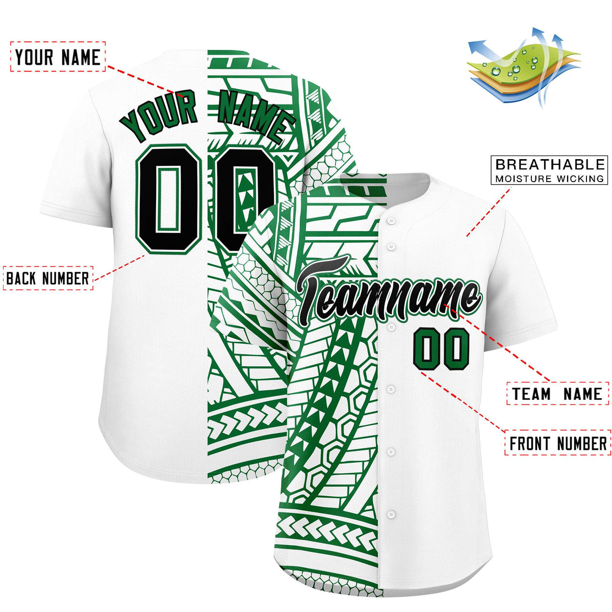 Custom White Kelly Green Split Fashion Tribal Pattern Authentic Baseball Jersey