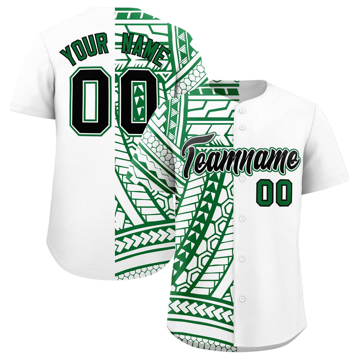 Custom White Kelly Green Split Fashion Tribal Pattern Authentic Baseball Jersey