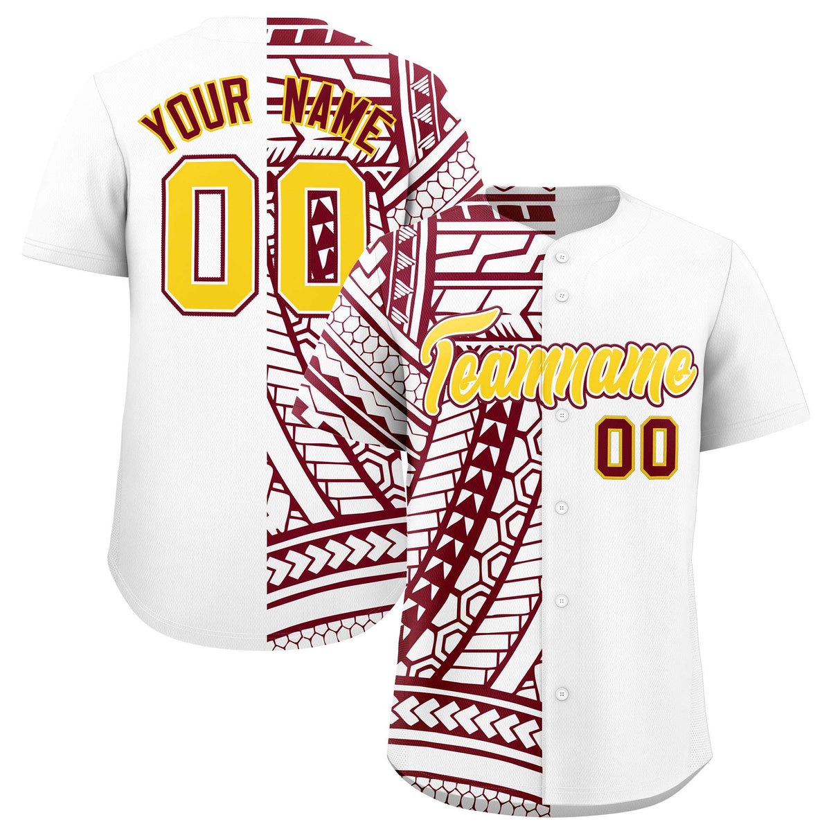 Custom White Crimson Split Fashion Tribal Pattern Authentic Baseball Jersey