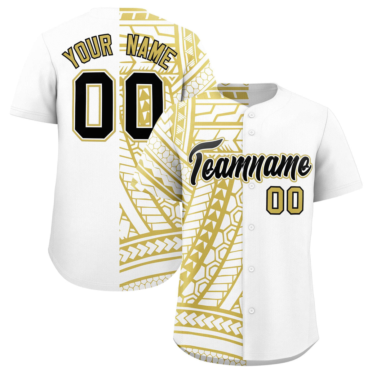 Custom White Old Gold Split Fashion Tribal Pattern Authentic Baseball Jersey