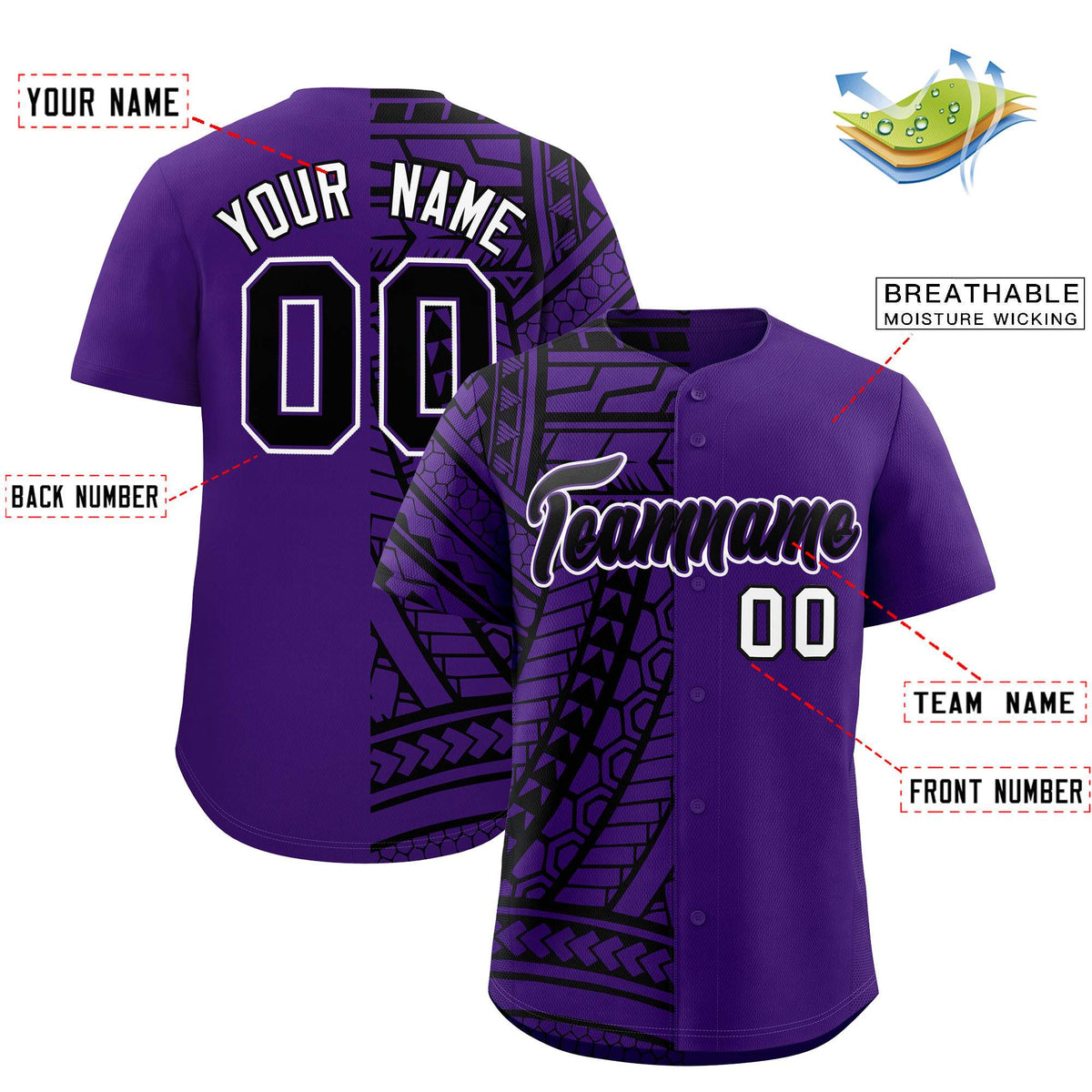 Custom Black Purple Split Fashion Tribal Pattern Authentic Baseball Jersey