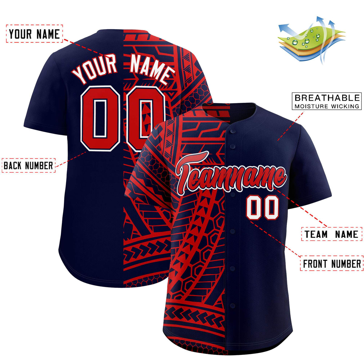 Custom Red Navy Split Fashion Tribal Pattern Authentic Baseball Jersey
