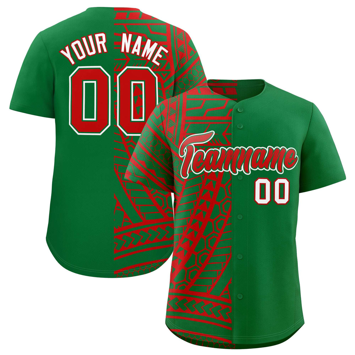 Custom Red Kelly Green Split Fashion Tribal Pattern Authentic Baseball Jersey