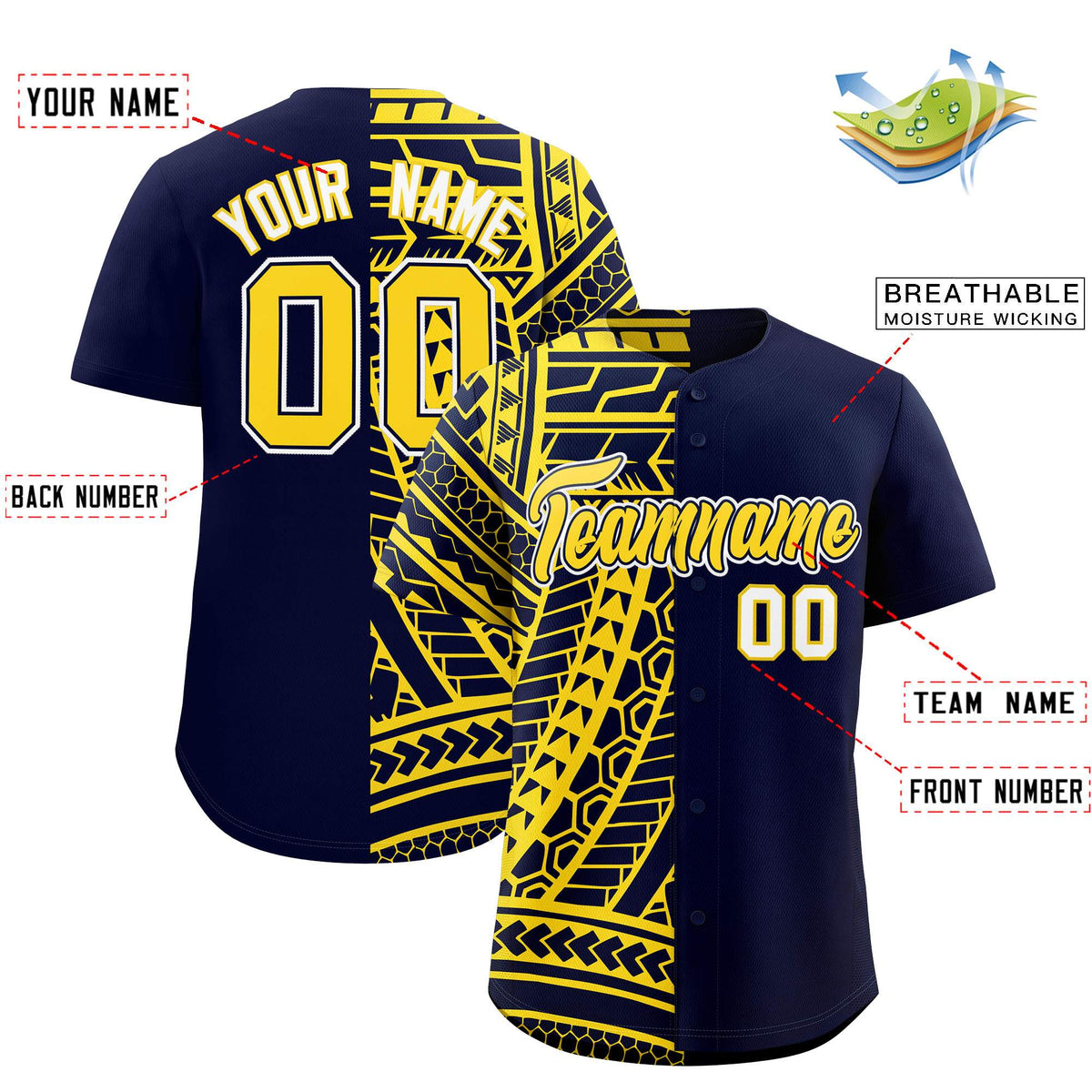Custom Navy Gold Split Fashion Tribal Pattern Authentic Baseball Jersey