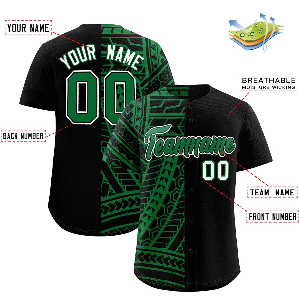 Custom Black Kelly Green Split Fashion Tribal Pattern Authentic Baseball Jersey